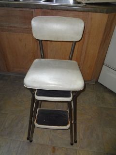 Antique Vintage Retro COSCO Step Stool Ivory Cream Vinyl Padded Seat
