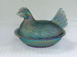 ELECTRIC BLUE CARNIVAL GLASS HEN ON NEST HON Book Piece