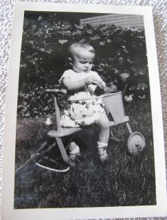   antique photo SMALL CHILD in OLD SCOOTER or WAGON 1930s PULL TOY