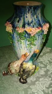 Antique Italian Majolica Hand Painted Vase w/Ducks & Flowers Huge 