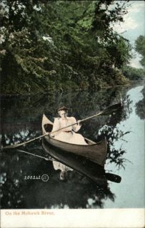 Mohawk River NY Pretty Woman in Canoe Paddles c1910 Postcard