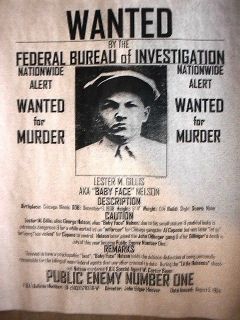 GANGSTER BABY FACE NELSON WANTED REWARD DEPRESSION REPRINT 11X14 