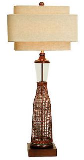 Boca Table Lamp, Woven Cane, Glass, Dapper, Oatmeal Linen Shade, 3 Way 