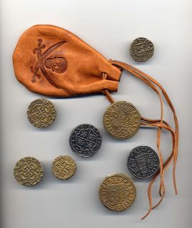 Etched Leather Bag Plus 8 Pieces Repro Pirate Booty Coins Spanish 