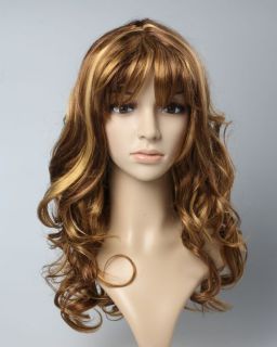 New Long Wavy Curly Brown Blonde Mixed Colour Wig+weaving cap