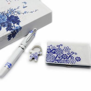 Chinese blue&white procelain three piece：Gel+Cardcase+Keychain/gift 