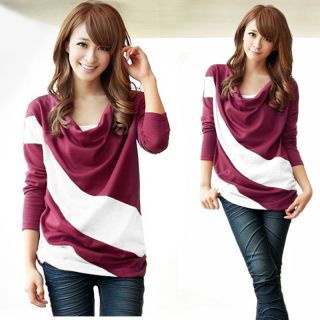 New Womens T Shirt Batwing Sleeve Color block Free Neckline Lady TEE 