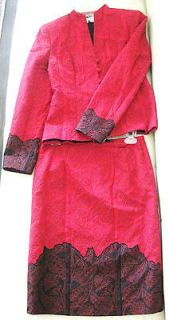 KAY UNGER Asian Mandarin Black Red Quilted Suit Jacket Blazer Skirt 4 
