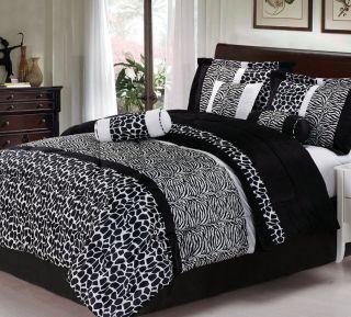 NEW Black & White Micro Fur Zebra with Giraffe Design Comforter Set 
