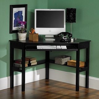 Contemporary Black Corner Compact Computer Office Desk + Shelves 