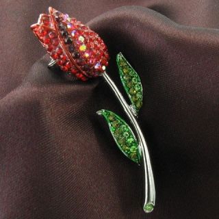 Love Red Rose Tulip Flower Green Leaves Necklace Pendant Crystal 