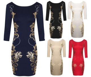   Ladies Gold Baroque Print 3 Quarter Sleeves Bodycon Dress Sizes 8   16
