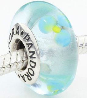 Genuine Pandora Silver Charm Murano Glass Turquoise with Flowers 