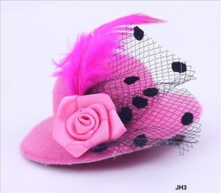 Lady Pink Mini Top Hat Hair Clip Feather Rose Veil Cocktail Party 