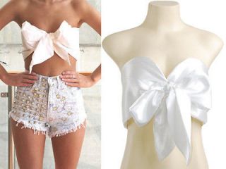 White Bow Tie Front Silk Satin Cropped Top Bralet Bustier Corset M