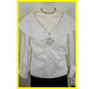 NEW KM COLLECTIONS by Milla Bell White & Silver Pleat Blouse 22 W NWT 