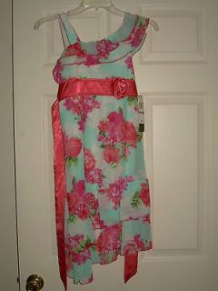 NWT GIRLS MY MICHELLE DRESSY DRESS SZ 8 CORAL, WHITE, BLUE FLORAL 