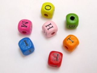 100 Mixed Color 10mm Cube Wood Alphabet Letter Beads