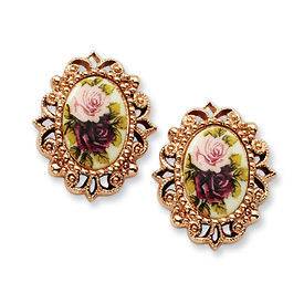 New 1928® Rose tone Floral Decal Oval Post Earrings