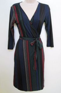   Womens Black Striped Pattern Wrap Belted Dress Size XS XL NWT