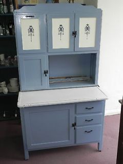 Vintage Blue/White Paint Primitive Kitchen Cabinet,Porcelain Top Table 