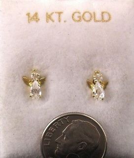 14K Yellow Gold Angel Stud Earrings, Solid Gold + Gemstones for Child 
