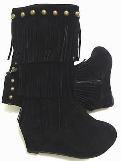 New Girls Black Fringe Moccasin 3 Layer Low Wedge Heel Boots Youth 