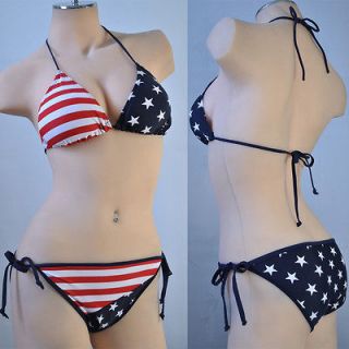 New Halter Bikini Swimwear American US USA Flag Stars Stripes Printed 