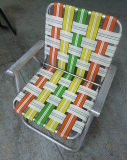 VINTAGE ALUMINUM FOLDING WEBBED LAWN CHAIR, GREEN, WHITE, YELLOW 
