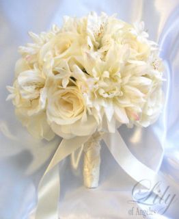   Bridal Bouquet Flowers Bride Groom Boutonniere Corsage Silk Ivory