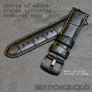   Leather Watch Strap, Black Crocodile Grain, Orange Stitching, Remborde