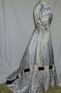 Victorian Blue / White Ribbon Print Gown w Polka Dots SM