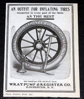 1907 OLD MAGAZINE PRINT AD, WRAY PUMP & REGISTER CO, FOR INFLATING CAR 