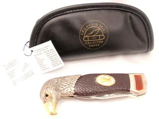 FRANKLIN MINT EAGLE Head Knife w/ Orange Stone & Bag   