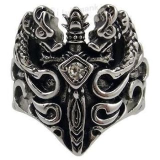 Mens Silver Dragon Crystal Sword Stainless Steel Ring Size 8, 9, 10 
