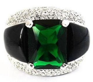 GREEN EMERALD BLACK ONYX DIAMOND RING Sz 9.5 RHODIUM STERLING 925 