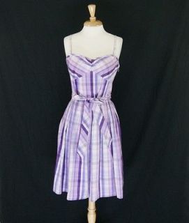 Ann Taylor LOFT Lilac/Lavender Plaid Pleated Belted Cotton Dress Size 
