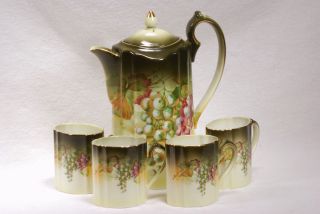 Chocolate Pot Set with 4 Mugs A & C Bavaria Hand Painted Signed Gold 