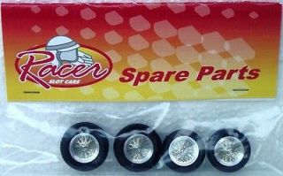   SET OF 4 ALUMINUM WIRE WHEELS W/TIRES FOR 3/32 AXLE   1/32 SLOT CAR