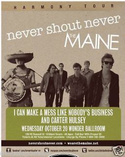 NEVER SHOUT NEVER / THE MAINE 2010 HARMONY TOUR CONCERT POSTER