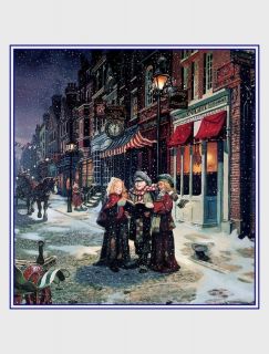 Victorian era snowy Christmas Carolers sing in snow