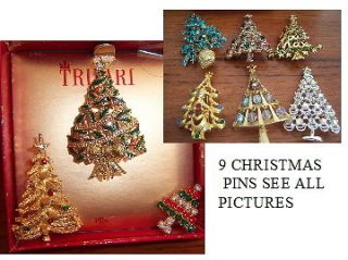Vintage 9 Christmas Tree brooches pins 1  Trifari 1 Monet 1 MYLU? 1 