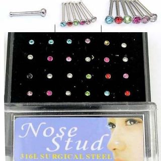 24pcs 20G 6MM mix color rhinestone surgical steel Straight nose Ring 