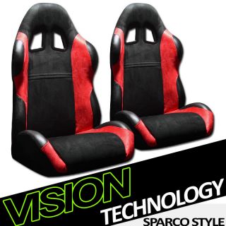 2pc Simulated Suede & PVC Leather JDM Black & Red Racing Bucket Seats 