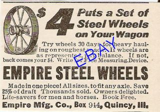 1912 EMPIRE $4 SET OF STEEL WAGON WHEELS AD QUINCY IL