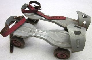   Pair Antique Roller Skates Leather straps Adjustable Size Metal Wheels