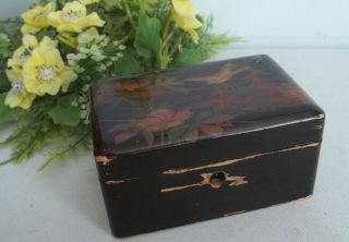 Vtg antique black wood laquer hinged small jewelry box.Japanese home 