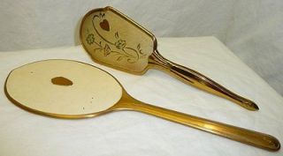 Vintage Gold Tone Beveled Hand Mirror & Brush
