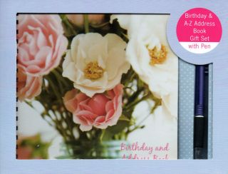 Birthday and Address Book Gift Set with Pen White and Pink Flower 