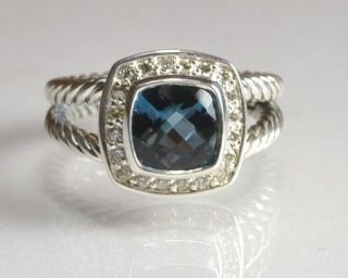 David Yurman Sterling Silver Diamonds Blue Topaz Petite Albion Ring 